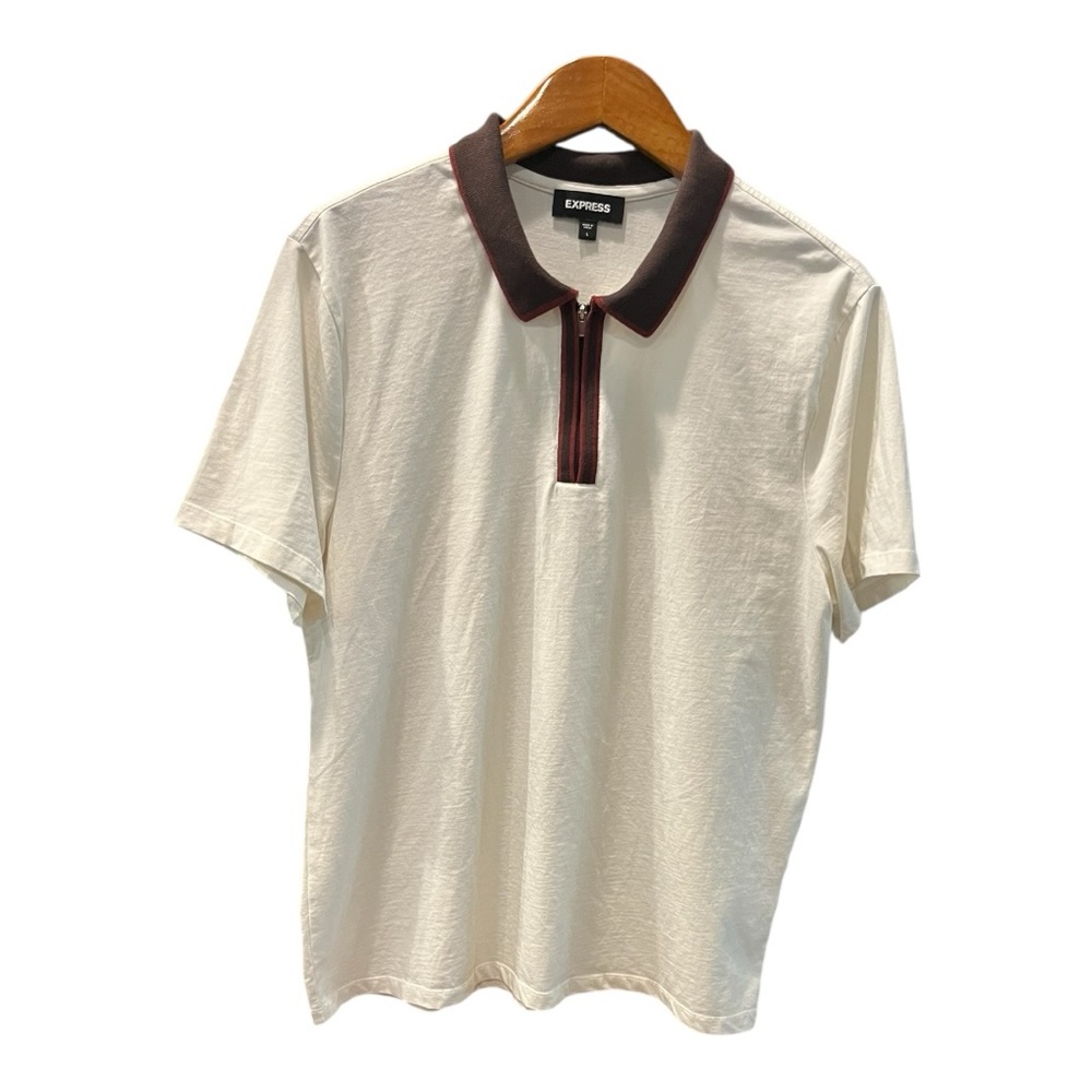 Men’s‎ Express Performance Zip Polo – Size L, White/Brown Trim